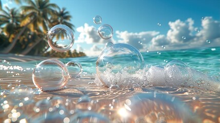 Wall Mural - Bubbles floating in a tropical beach setting. Generative AI.