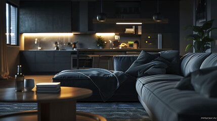 A contemporary Scandinavian living space with dark hues and sleek finishes, captured in high-definition