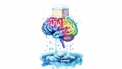 Wall Mural - hand-drawn watercolor illustration of a human brain being washed with soap, bubbles and foam around the bar of soap, brain washing theme, babybohocore style