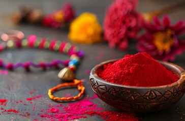 wooden bowl with red powder and colorful rakhi on a table