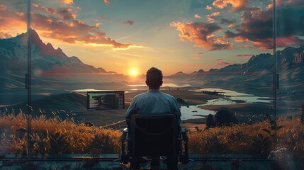 Aufkleber - Rear view. A software developer, working at his computer coding software surrounded by a beautiful hyperrealistic landscape. Generative AI.