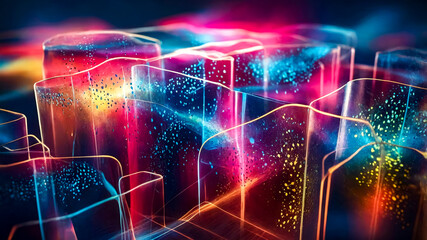 Poster - vibrant neon colors, glowing lines and shapes in shades of pink, blue, and yellow, creating a futuristic and dynamic landscape with a sense of depth and movement. abstract background