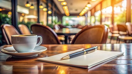 Wall Mural - Mockup of a pen on a coffee shop table , pen, mockup, coffee shop, table, workspace, creative, design, office, stationery