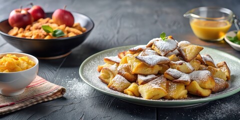 Wall Mural - German Kaiserschmarrn dessert with powdered sugar and apple compote , German, Kaiserschmarrn, dessert