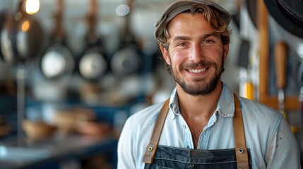 Poster - Portrait of a smiling male plumber standing confidently indoors. Generative AI.
