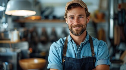Poster - Portrait of a smiling male plumber standing confidently indoors. Generative AI.