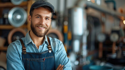 Poster - Portrait of a smiling male plumber standing confidently indoors. Generative AI.