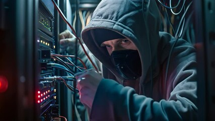 Sticker - A man wearing a hoodie is busy working in a server room, surrounded by technology and servers, Depict a hacker attempting to breach a secure server with advanced cyber tools