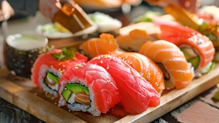 Wall Mural - Various sushi rolls with avocado presented on a rustic wooden cutting board, Depict a platter of sushi rolls with avocado and fish