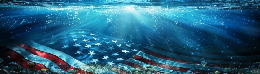 Patriotism Below the Waves - American Flag Submerged in Marine Waters
