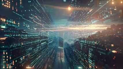 Poster - a futuristic city illuminated by digital code, showcasing the integration of technology and urban la