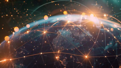 Poster - a globe surrounded by a complex network of lines, symbolizing global connectivity and interdependenc