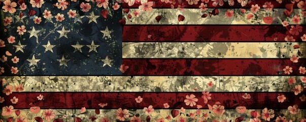 Blooming Patriotism - American Flag with Floral Patterns Symbolizing the Harmony of Nature and National Pride