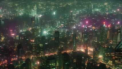Poster - A futuristic cityscape illuminated at night, showcasing modern architecture and urban development, Depict the sprawling cityscape at night, with the glittering lights of the city shining brightly