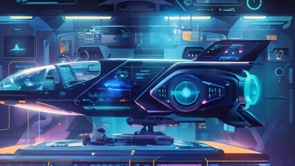 Poster - a futuristic spaceship navigating through a high-tech environment, design a futuristic concept for a