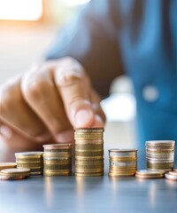 Wall Mural - Close-up of a person's hand stacking gold coins on a table. Concept of finance, saving, investment, and financial growth.