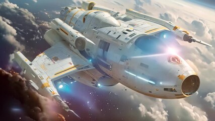 Poster - A futuristic spaceship defying gravity as it flies above the Earths atmosphere, Design a spacecraft that defies the laws of physics