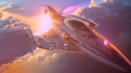 Poster - A futuristic spaceship defying the laws of physics as it flies through a cloudy sky, Design a spacecraft that defies the laws of physics
