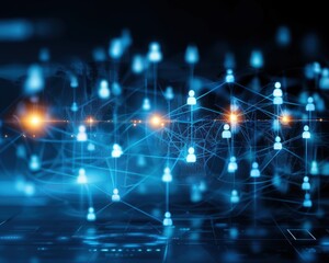 Poster - Abstract digital network background with glowing nodes, representing a connected global community and data exchange in a futuristic design.