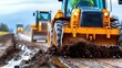 © Narongsak - Close-up of heavy machinery working on a muddy construction site, showcasing earth-moving equipment and progress in infrastructure development.