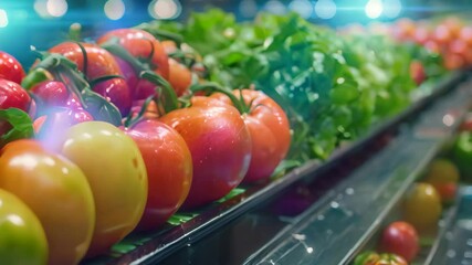 Poster - Variety of fresh vegetables neatly arranged on shelves in a grocery store, Designing futuristic technologies that can ensure the safety of our food supply chain