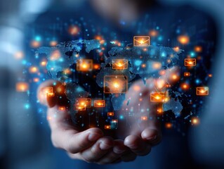 Poster - Conceptual image of digital communication: hands holding glowing icons and global network. Abstract representation of data exchange in technology.