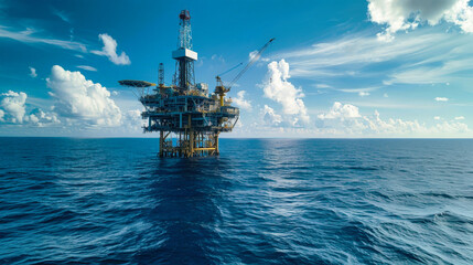 Wall Mural - An offshore oil and gas production platform stands tall against a backdrop of blue sky and white clouds
