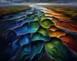 Poster - Surreal abstract landscape with vibrant colors and flowing shapes, resembling a river of colorful streams. Perfect for creative and artistic projects.