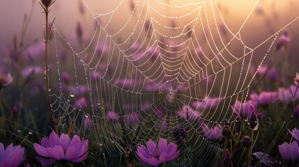 A spider web is spread across a field of purple flowers