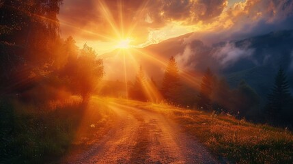 Wall Mural - Sunset over a mountain pass with sunbeams shining through trees and clouds