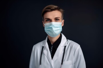 Wall Mural - portrait of doctor wearing protective mask against grey background