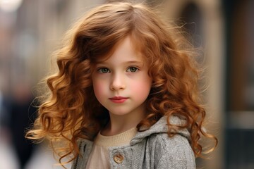 portrait of a beautiful little girl with long curly hair on the street