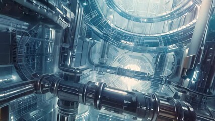 Poster - a digital rendering of a futuristic city with intricate blue pipes running throughout the urban land