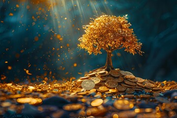 Wall Mural - Golden tree growing on a pile of coins, symbolizing wealth, prosperity, and financial growth.