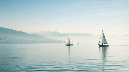 Canvas Print - A group of sailboats floats on the lake with majestic mountains in the background, Distant sailboats drifting on the calm waters