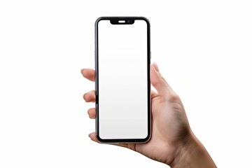 Hand holding smartphone with blank white screen, isolated on white background. Mobile phone mockup for app design presentation.