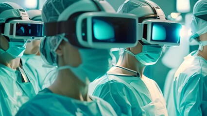 Poster - Surgeons in a group wearing virtual reality glasses while performing surgery, Doctors using virtual reality to perform surgery with pinpoint accuracy