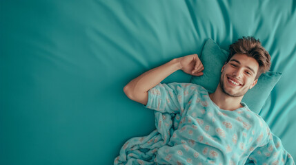 Young man lying on bed bedtime top view  looking camera smiling relaxed