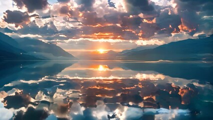 Poster - A breathtaking sunset casts hues of orange and pink over a calm lake, with mountains reflected in the water, Dreamy sunset over a calm lake with reflections of the sky