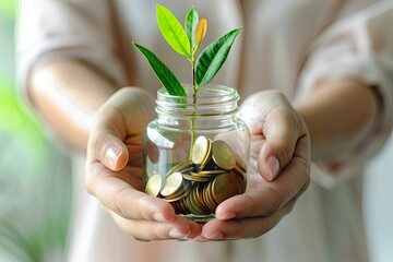 Wall Mural - Hands holding a jar with coins and a plant growing, representing savings, investment, and financial growth.