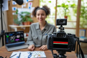 woman recording educational video lesson for vlogg woman recording educational video lesson for vlog