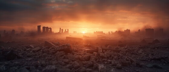 Post-apocalyptic urban landscape at sunrise with destroyed buildings, debris, and a dramatic sky reflecting the aftermath of a disaster.