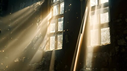 Poster - beams of sunlight shining through a window in an ancient building, with dust motes floating in the a