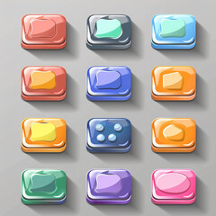 A collection of buttons in various colors and shapes, designed for use in games and apps.