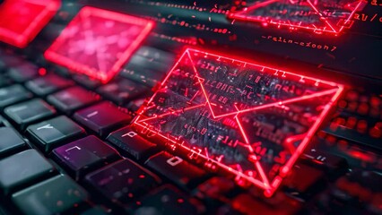 Poster - a computer keyboard with red envelopes placed on top, illustrating a concept of email security and p