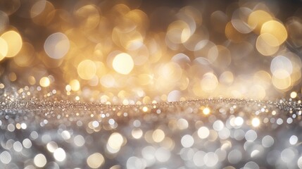 Wall Mural - Abstract golden background with bokeh effect and shining defocused glitters. Festive gold texture for Christmas, New Year, birthday, celebration, greeting, victory, success, magic party.