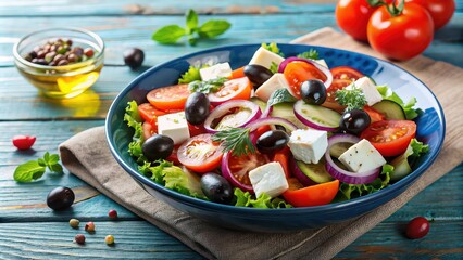 Canvas Print - Vegetarian Greek salad with feta cheese and fresh vegetables , Mediterranean, healthy, diet, food, vegetarian