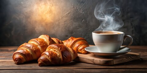 Poster - Freshly baked croissant with a steaming cup of coffee, croissant, coffee, breakfast, bakery, French, pastry, delicious, morning