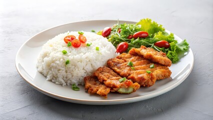 Wall Mural - Fried pork with rice dish served on a white plate , delicious, Asian cuisine, homemade, comfort food, meal, lunch