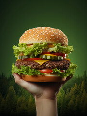 Wall Mural - Hamburger in hand, green background with forest elements, advertising photo